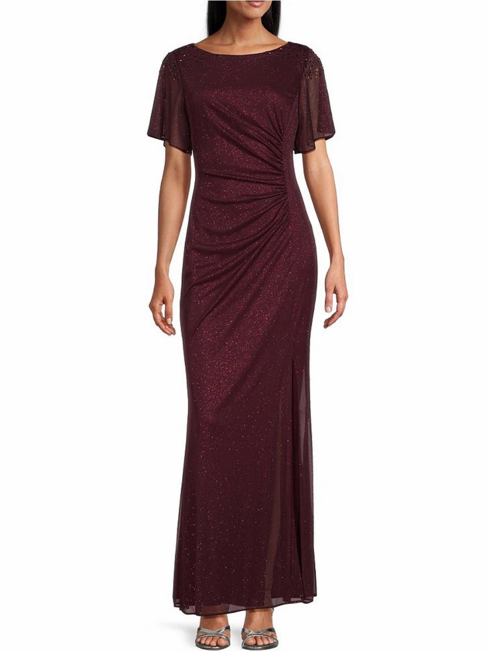 SLNY Burgundy Glitter Ruched Maxi Dress